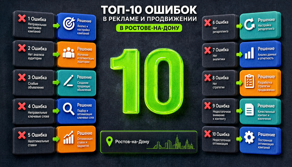 Инфографика: топ-10 ошибок в рекламе и продвижении в Ростове-на-Дону с решениями
