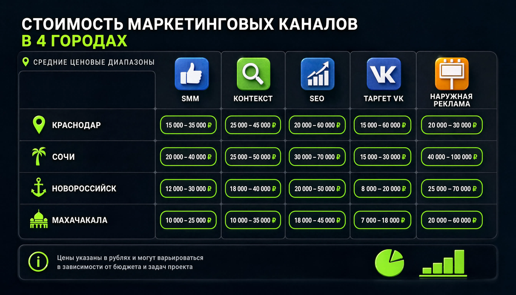 Инфографика сравнения стоимости каналов маркетинга в Краснодаре, Сочи, Новороссийске и Махачкале для малого и среднего бизнеса