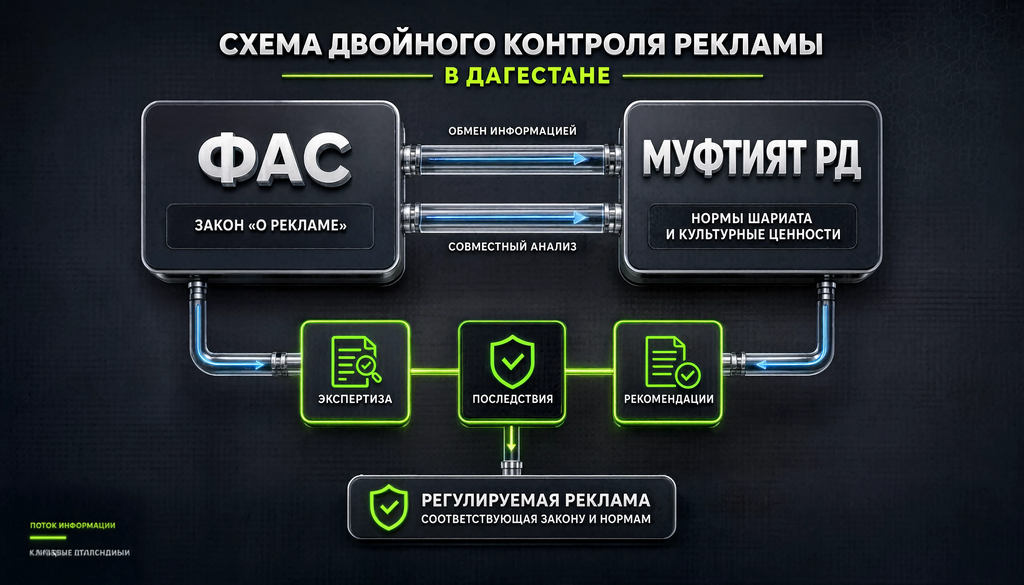 Схема двойного контроля рекламы в Дагестане: ФАС и Муфтият РД, порядок экспертизы, последствия нарушений, рекомендации для рекламодателей