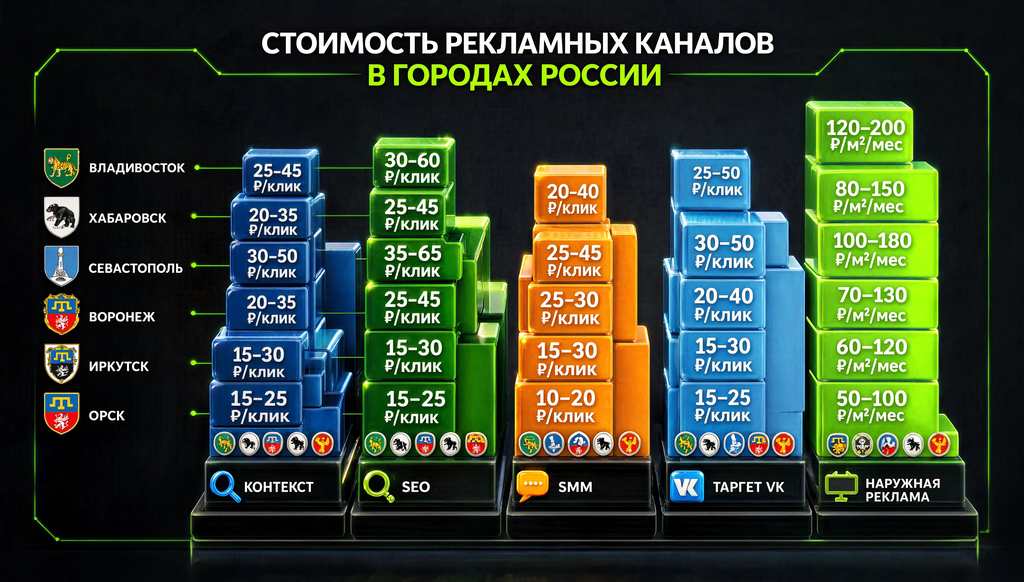 Инфографика сравнения стоимости контекстной, SEO, SMM, таргетированной и наружной рекламы во Владивостоке, Хабаровске, Севастополе, Воронеже, Иркутске и Орске