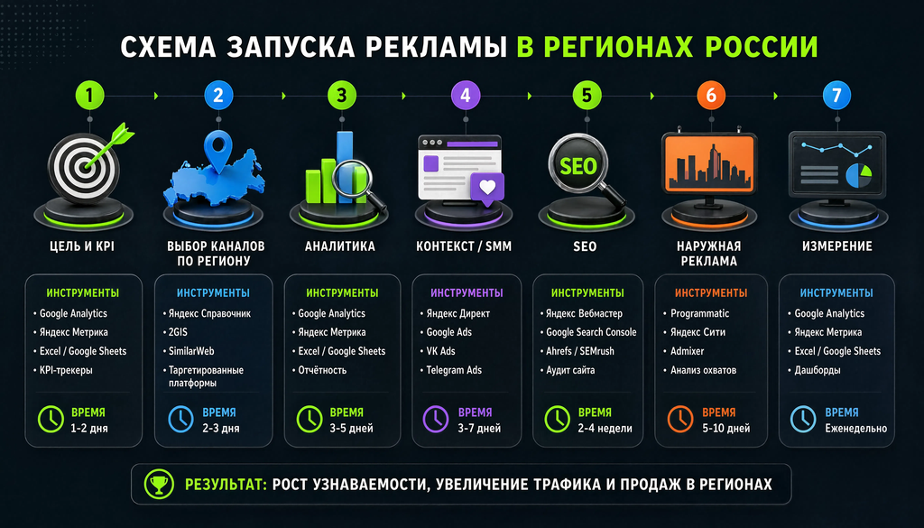 Пошаговый процесс запуска рекламы в регионах России: 7 шагов от цели до измерения с инструментами и временем