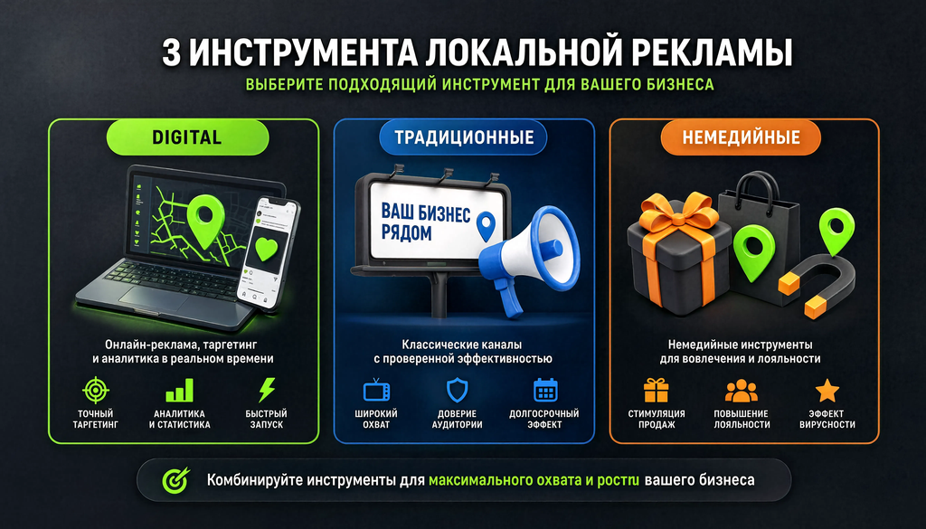Инфографика: сравнение инструментов локальной рекламы - digital, традиционные и немедийные. Плюсы, минусы, стоимость по типам городов.