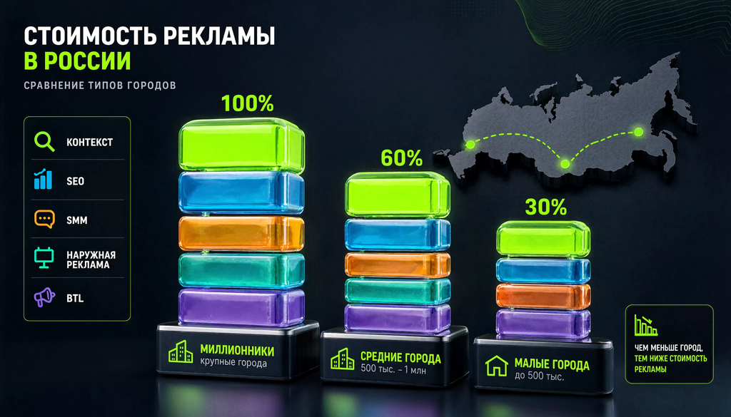 Инфографика: сравнение стоимости рекламы (контекст, SEO, SMM, наружная, BTL) в миллионниках, средних и малых городах России