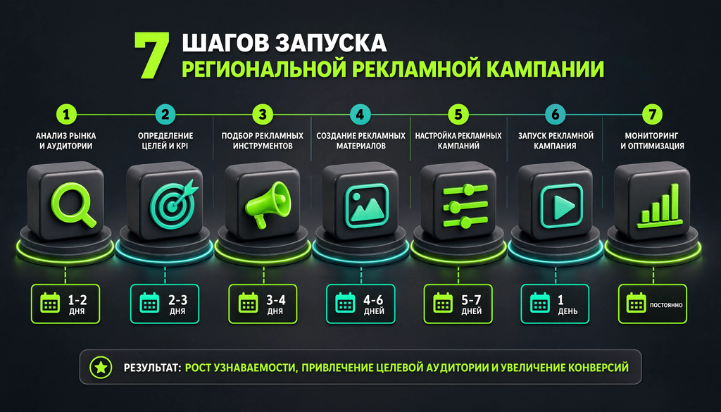 Пошаговый процесс запуска региональной рекламной кампании: 7 шагов с инструментами и временем на каждый