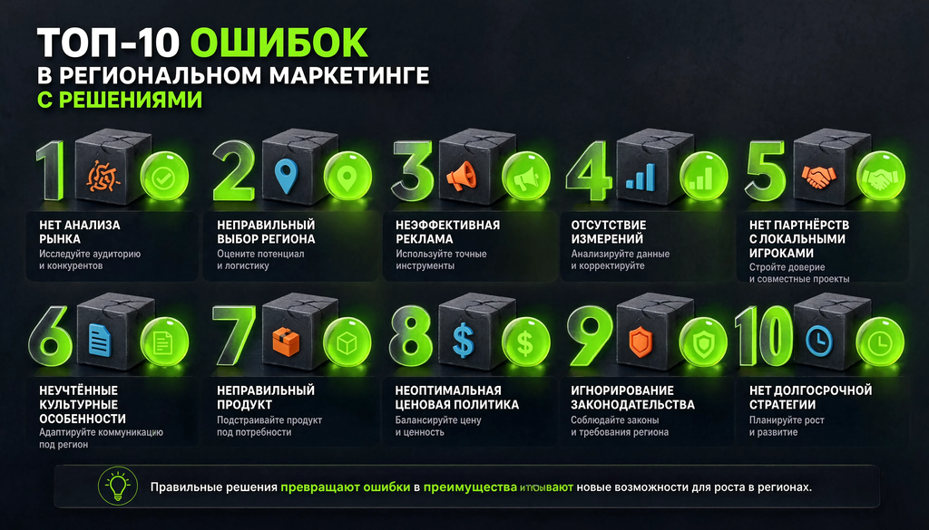 Инфографика топ-10 ошибок в региональном маркетинге с решениями
