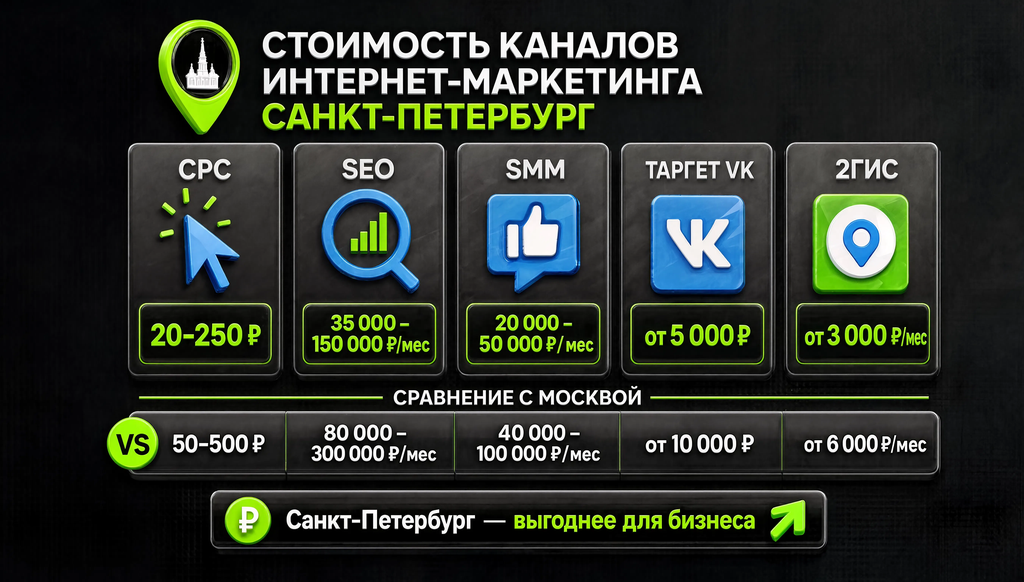 Сравнение стоимости каналов интернет-маркетинга в Санкт-Петербурге: контекст, SEO, SMM, таргет ВК, 2ГИС. Диапазоны для малого, среднего и крупного бизнеса, сравнение с Москвой.