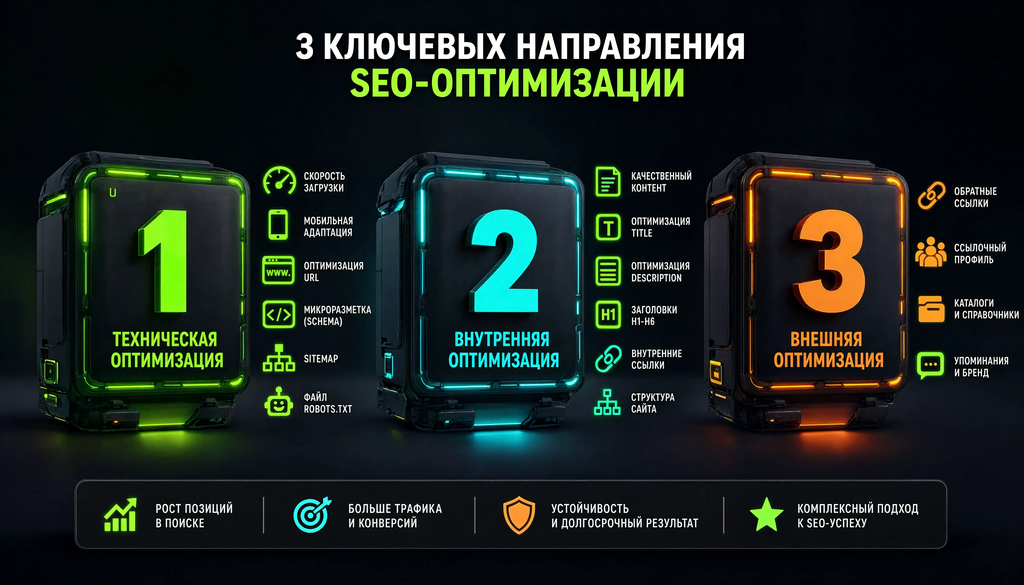 Three types of SEO optimization: technical, internal, external with examples