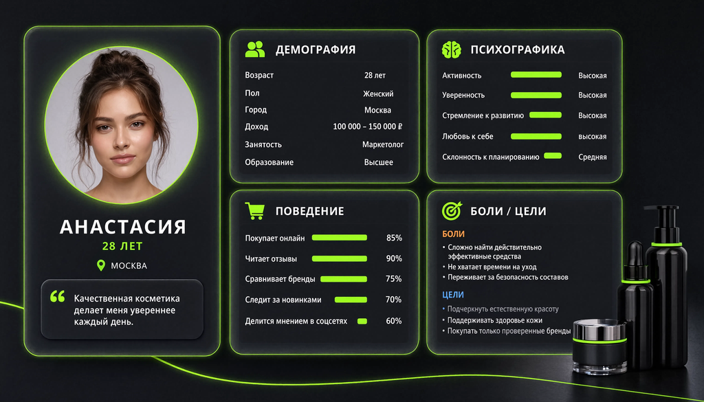 Инфографика: заполненный шаблон портрета клиента интернет-магазина косметики с четырьмя блоками данных, фото и цитатой