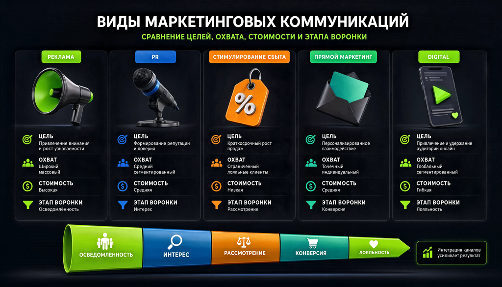 Сравнение видов маркетинговых коммуникаций: реклама, PR, стимулирование сбыта, прямой маркетинг, digital — с указанием цели, охвата, стоимости и этапа воронки