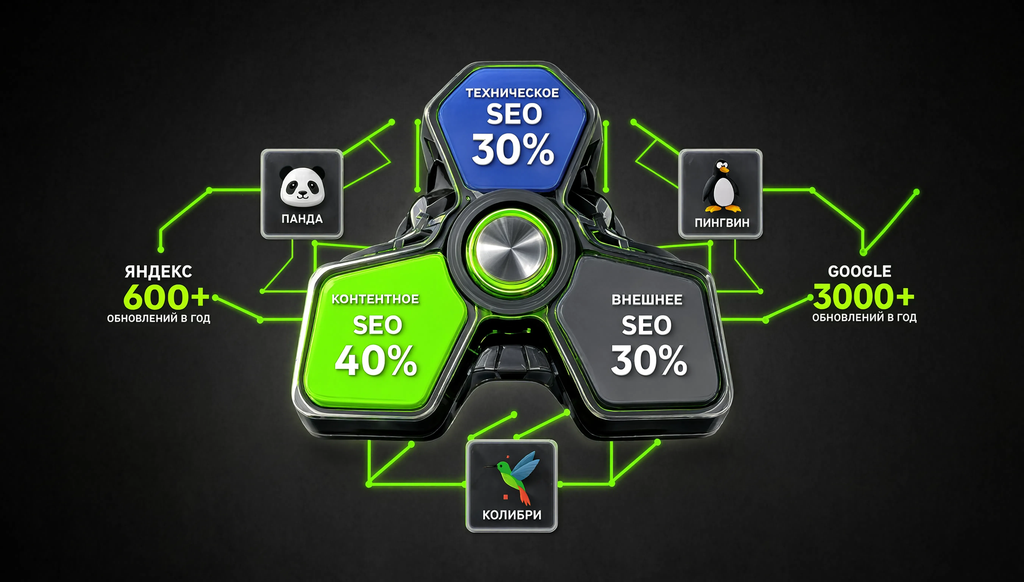 Инфографика: три вида SEO - техническое, контентное, внешнее; факторы ранжирования и алгоритмы поисковых систем (Панда, Пингвин, Колибри)
