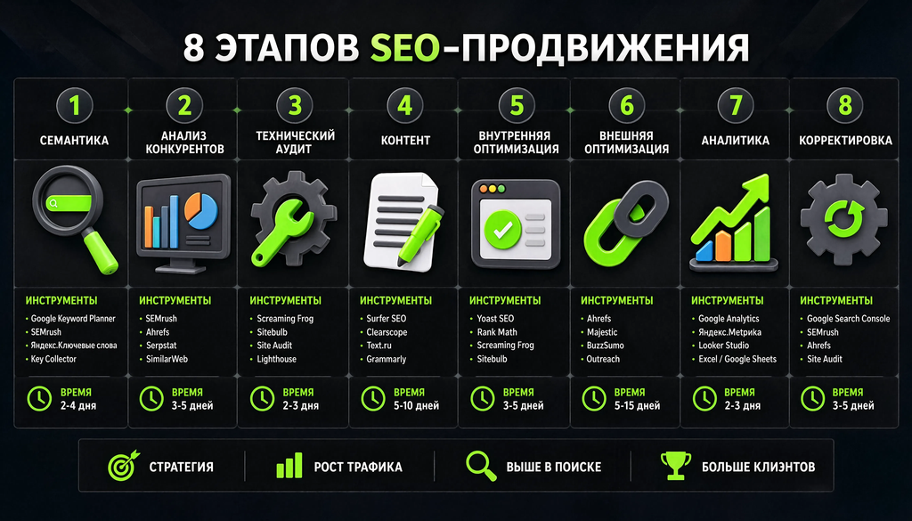 Схема 8 этапов SEO-продвижения: семантика, анализ конкурентов, технический аудит, контент, внутренняя оптимизация, внешняя оптимизация, аналитика, корректировка. Под каждым этапом указаны инструменты и время.