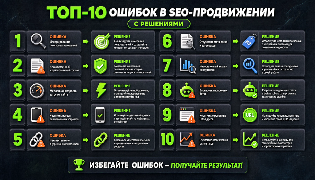 Инфографика: Топ-10 ошибок в SEO-продвижении с решениями