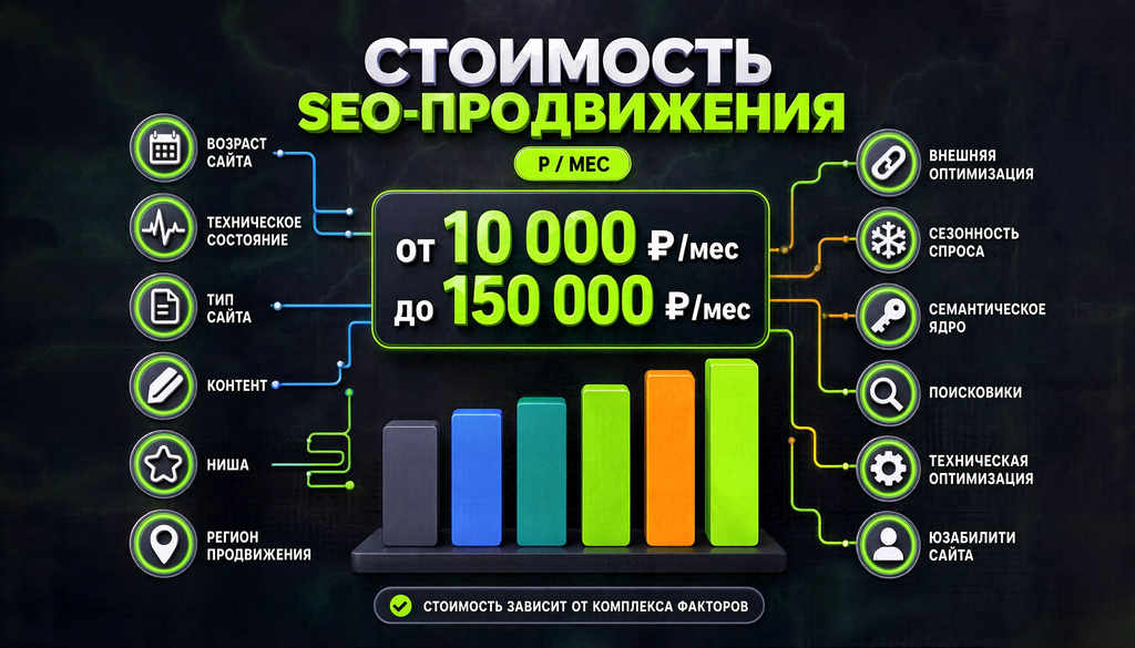 Инфографика стоимости SEO-продвижения от 10 000 до 150 000 рублей в месяц с факторами и схемами