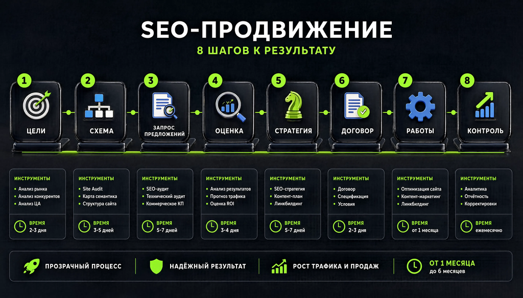 Пошаговый процесс заказа SEO-продвижения: 8 шагов &mdash; цели, схема, запрос предложений, оценка, стратегия, договор, работы, контроль. Под каждым &mdash; инструменты и время.