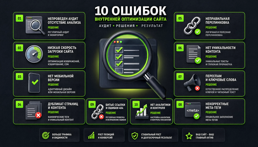 Инфографика: топ-10 ошибок внутренней оптимизации сайта и их решения