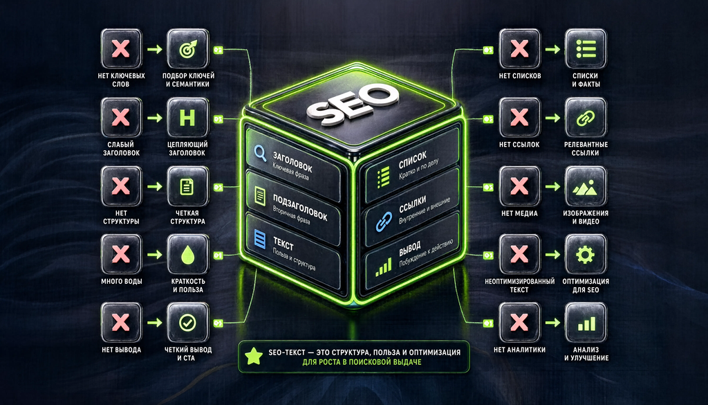 Инфографика: Топ-10 ошибок при написании SEO-текстов и настройке мета-тегов с решениями