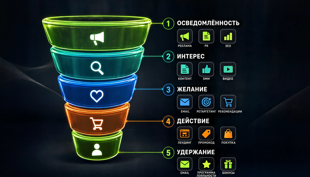 Схема воронки продаж из пяти этапов: осведомленность, интерес, желание, действие, удержание, с указанием каналов для каждого этапа: реклама, PR, контент, SMM, email, ретаргетинг, лендинг, промокод, программа лояльности
