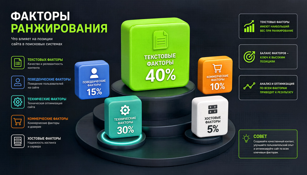 Инфографика пяти групп факторов ранжирования в поисковых системах Яндекс и Google: поведенческие, текстовые, коммерческие, технические, хостовые