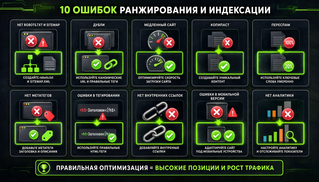 Инфографика: топ-10 ошибок при работе с ранжированием и индексацией с решениями