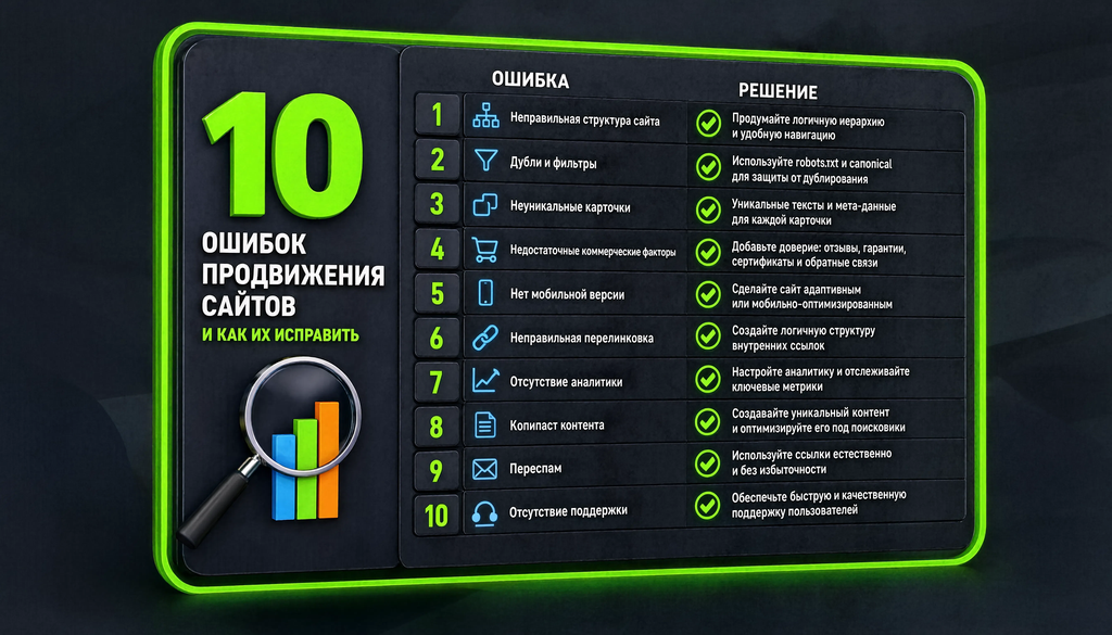 Топ-10 ошибок при продвижении разных типов сайтов с решениями: отсутствие структуры, дубли фильтров, неуникальные карточки, коммерческие факторы, мобильная версия, перелинковка, аналитика, копипаст, переспам, отсутствие поддержки. Каждый блок &mdash; ошибка и решение.