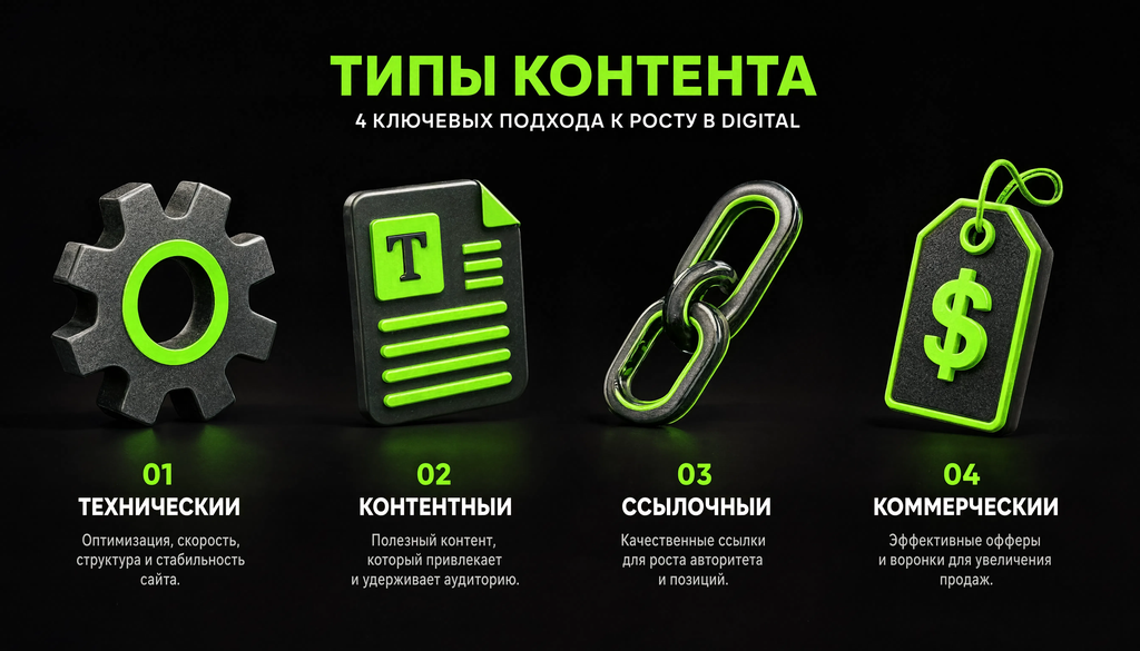 Инфографика четырех видов SEO-аудита: технический, контентный, ссылочный и коммерческий аудит