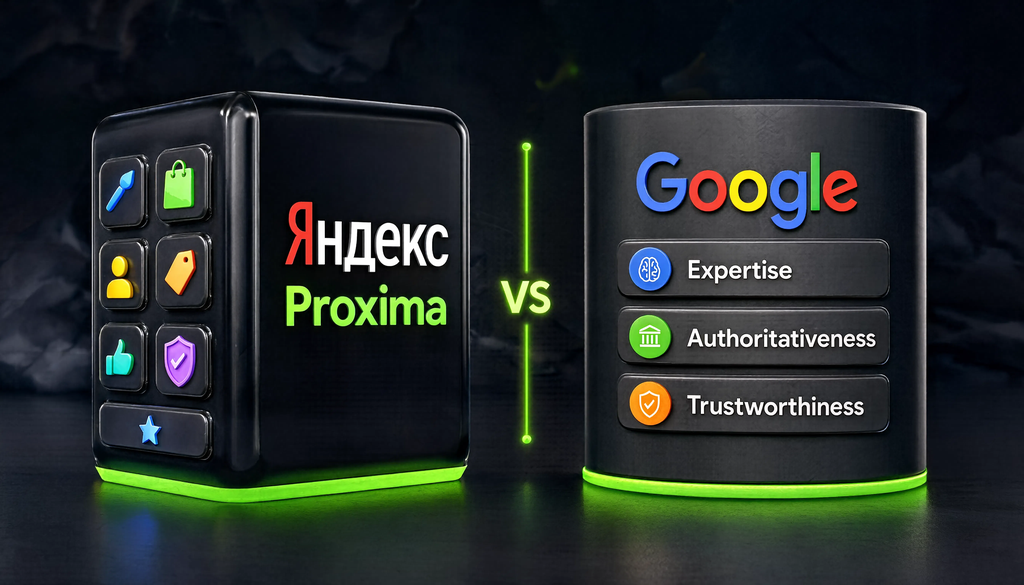 Инфографика сравнения коммерческих факторов Яндекса Proxima и Google E-E-A-T для SEO
