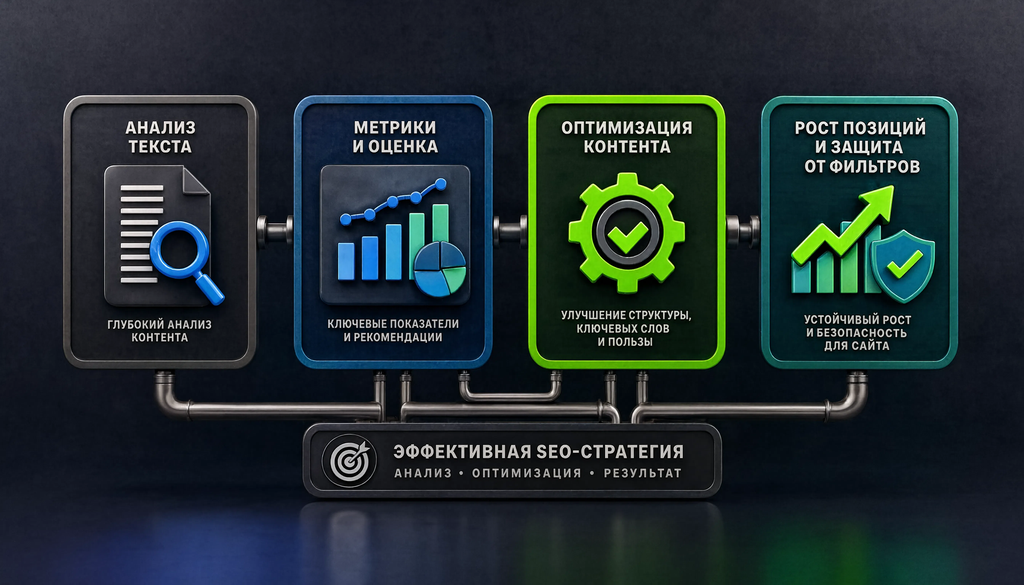 Схема связи SEO-анализа текста с результатами: анализ, метрики, оптимизация, рост позиций и защита от фильтров