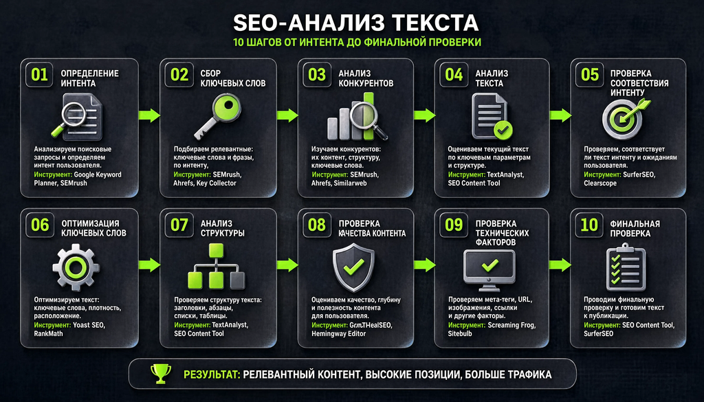 Пошаговый процесс SEO-анализа текста в виде блок-схемы: 10 шагов от определения интента до финальной проверки