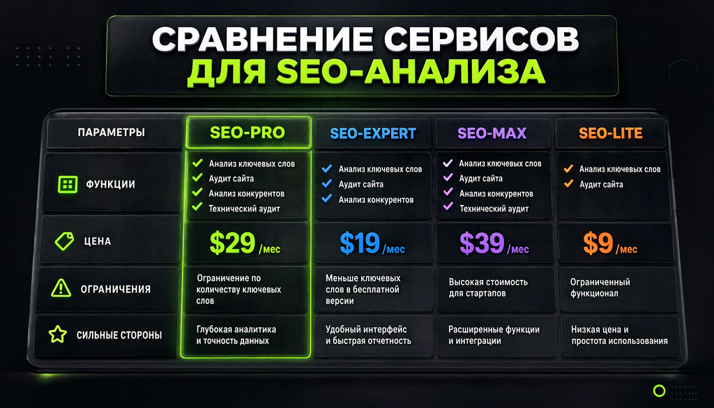 Таблица сравнения сервисов SEO-анализа: функции, цены, ограничения, сильные стороны для выбора инструмента