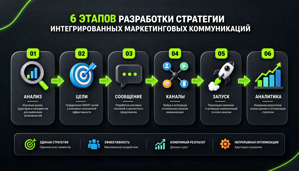 Инфографика 6 этапов разработки стратегии ИМК: анализ, цели, сообщение, каналы, запуск, аналитика.