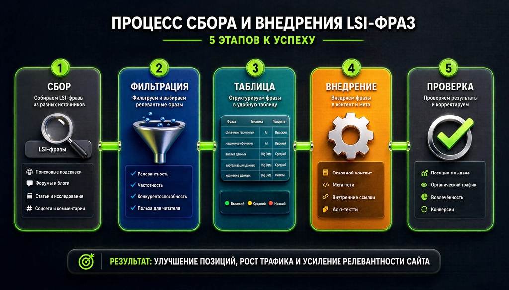Схема процесса сбора и внедрения LSI-фраз: сбор, фильтрация, таблица, внедрение, проверка с примерами и инструментами