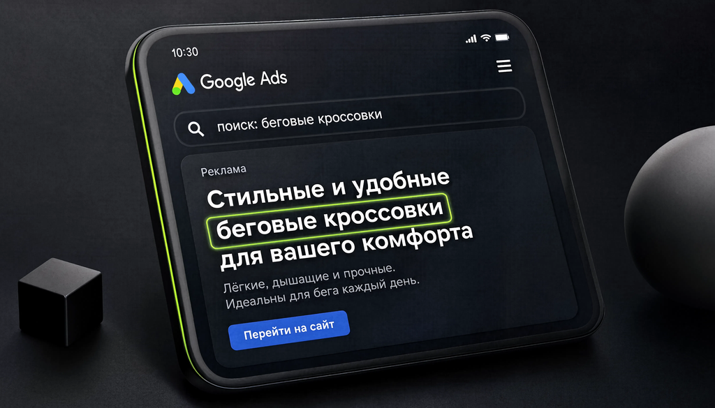 Пример объявления Google Ads с динамической вставкой ключевых слов, где поисковый запрос и готовое объявление с подставленным ключом выделены жирным.