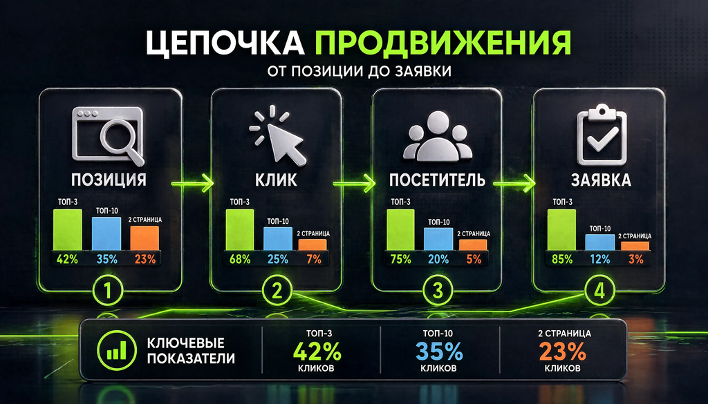 Инфографика: цепочка конверсии от позиции до заявки с показателями CTR для ТОП-3, ТОП-10 и второй страницы выдачи