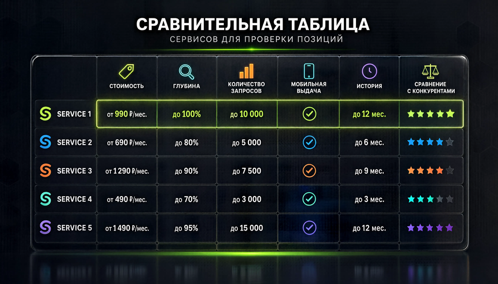 Сравнительная таблица сервисов для проверки позиций по критериям: стоимость, глубина, количество запросов, мобильная выдача, история, сравнение с конкурентами