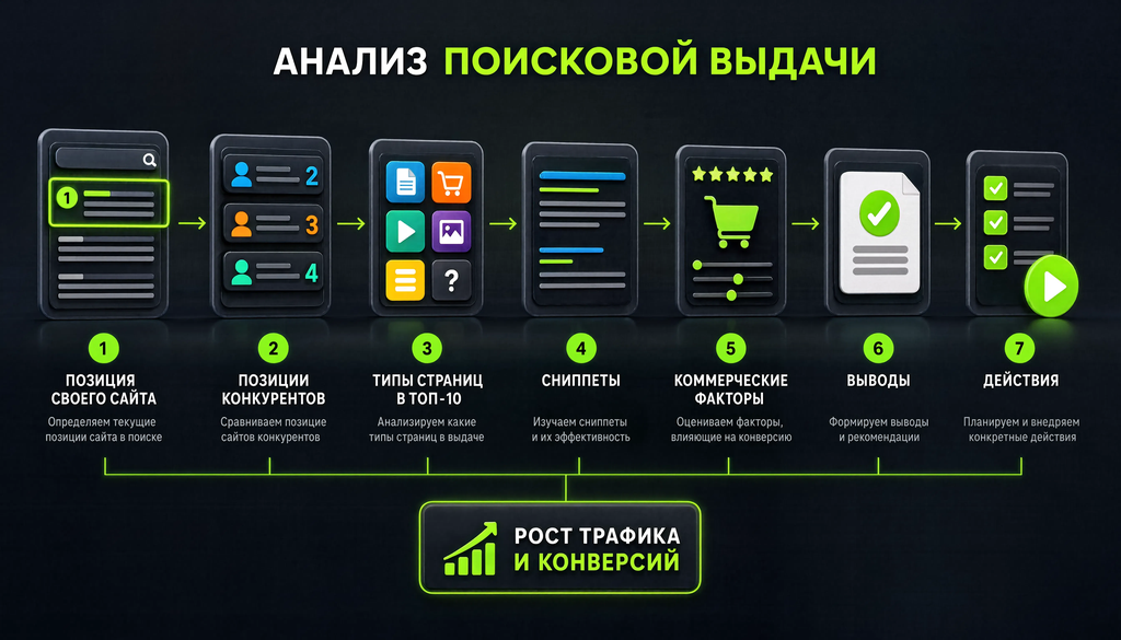 Схема процесса анализа поисковой выдачи: от позиции сайта до выводов и действий