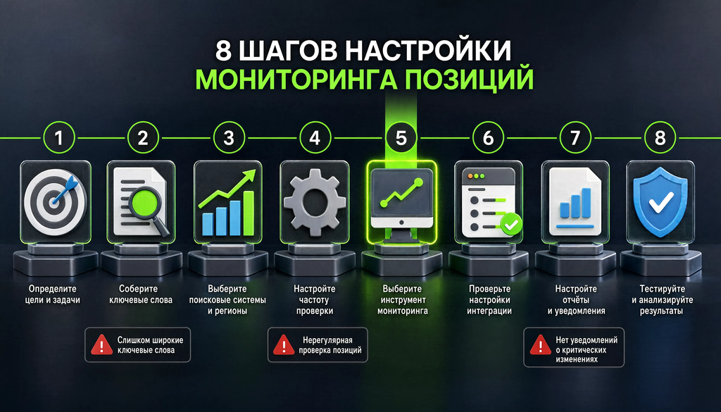 Инфографика: 8 шагов настройки мониторинга позиций с указанием типичных ошибок на каждом шаге