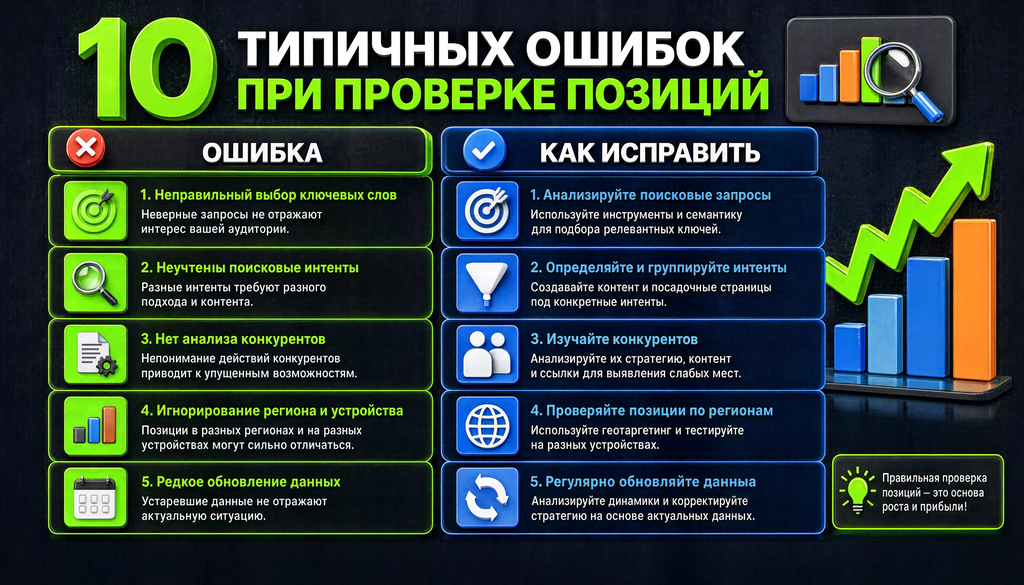Инфографика: 10 типичных ошибок при проверке позиций в два столбца с цветовым выделением критичных