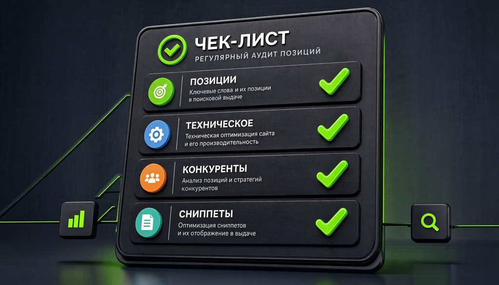 Инфографика чек-лист регулярного аудита позиций с группировкой по блокам: позиции, техническое, конкуренты, сниппеты.
