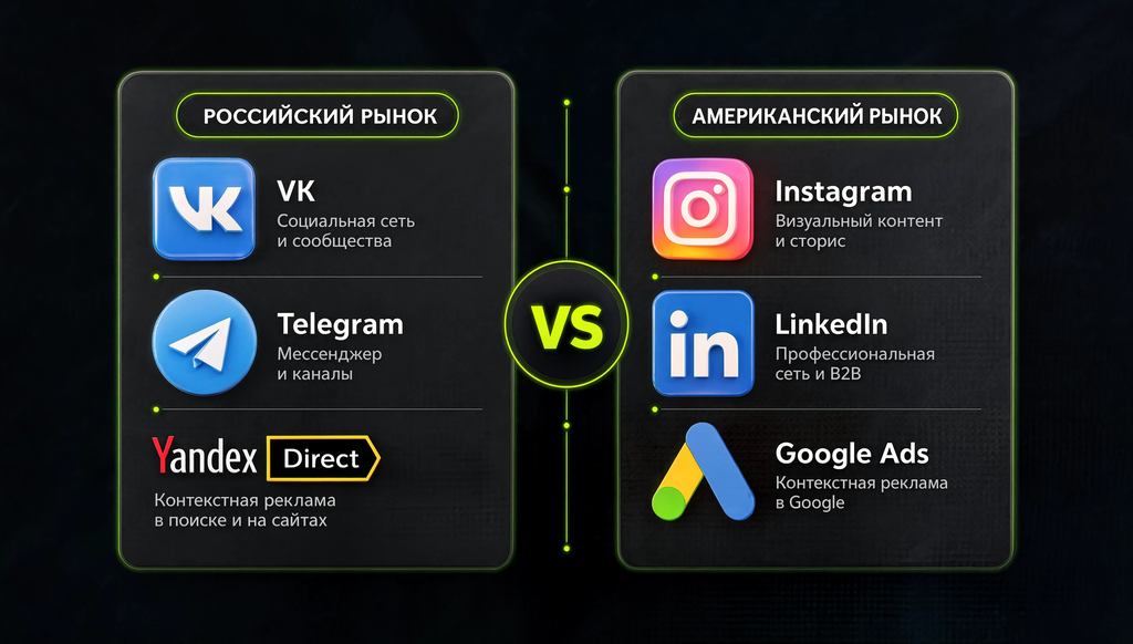 Сравнение каналов рекламы для российского и американского рынка: VK, Telegram, Яндекс Директ против Instagram, LinkedIn, Google Ads