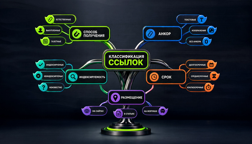Classification tree of links by method, anchor, indexability, duration, and placement for SEO planning