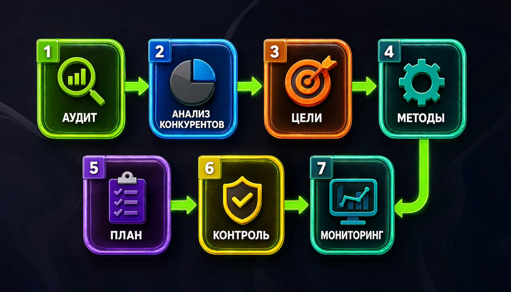 Пошаговая схема стратегии: аудит, анализ конкурентов, цели, методы, план, контроль, мониторинг. Семь этапов со стрелками.