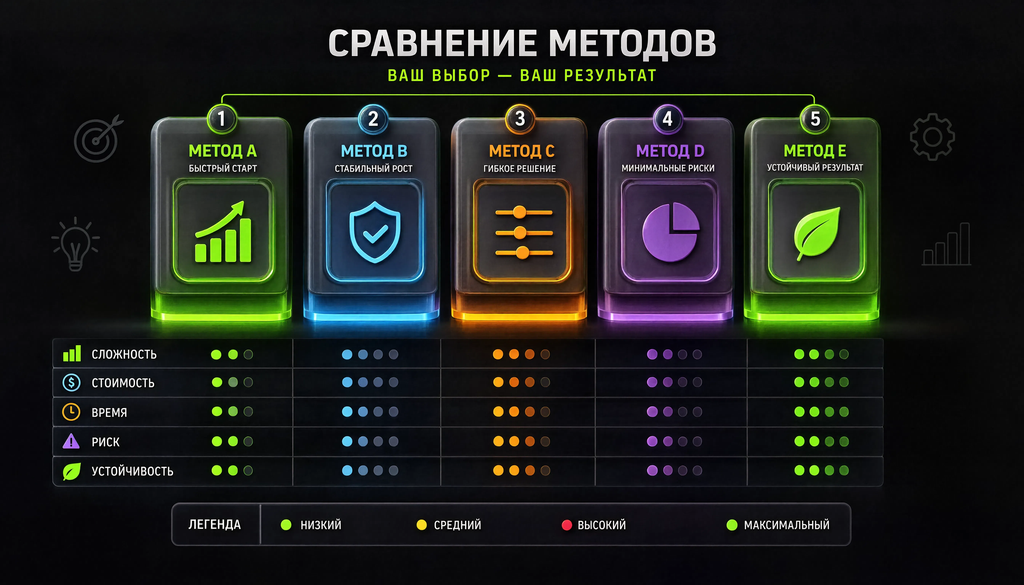 Сравнение методов по сложности, стоимости, времени до результата, риску санкций и устойчивости эффекта с цветовой индикацией для выбора под свои ресурсы.