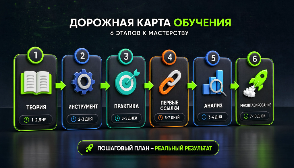 Дорожная карта обучения из шести этапов: теория, инструмент, практика, первые ссылки, анализ, масштабирование. Превращает разрозненные ресурсы в понятный план.