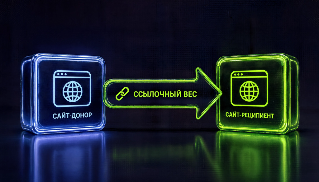 Схема передачи ссылочного веса: сайт-донор передает вес сайту-реципиенту, что повышает его позиции в поисковой выдаче