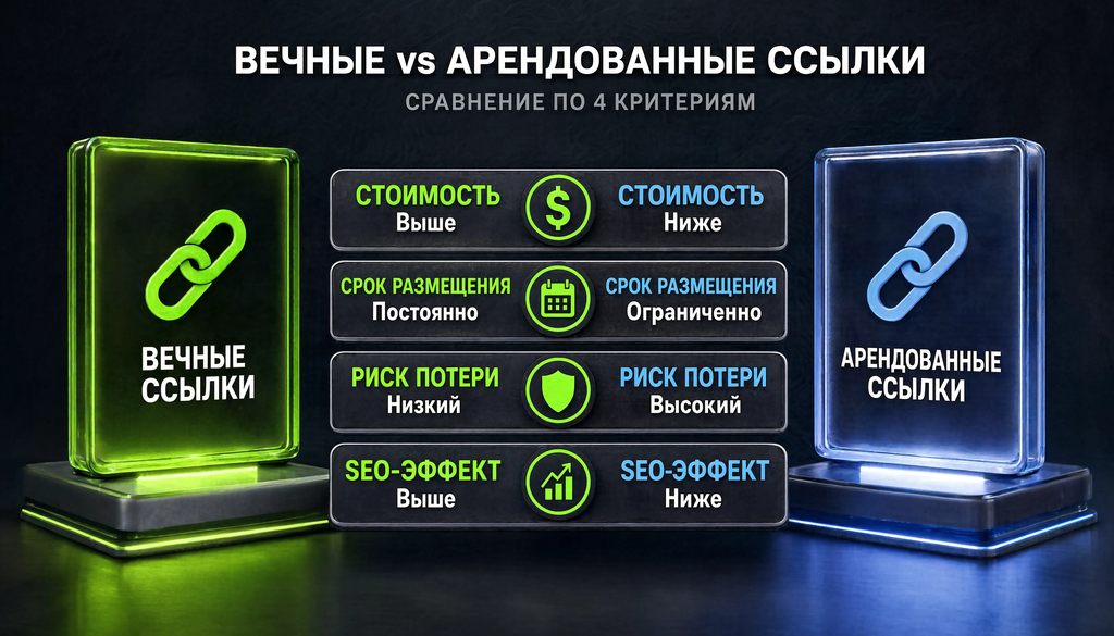Сравнение вечных и арендованных ссылок по четырём критериям: стоимость, срок размещения, риск потери, SEO-эффект. Помогает выбрать тип ссылки под конкретную задачу.