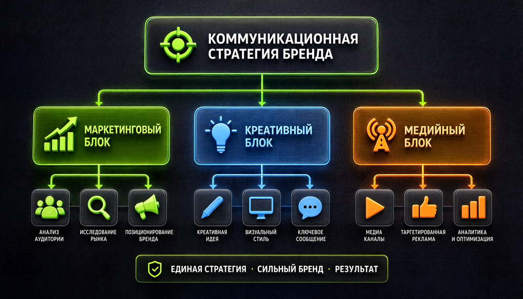 Схема структуры коммуникационной стратегии бренда: маркетинговый, креативный и медийный блоки с элементами.