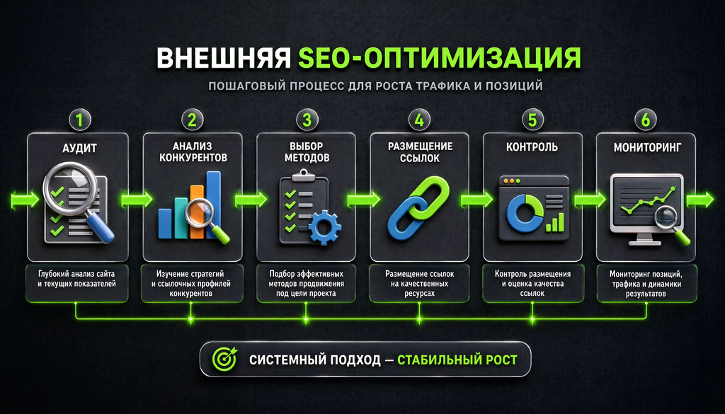 Схема пошагового процесса внешней SEO-оптимизации: аудит, анализ конкурентов, выбор методов, размещение ссылок, контроль, мониторинг