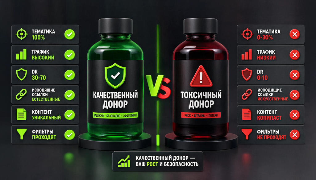Сравнение качественного и токсичного донора по шести критериям: тематика, трафик, DR, исходящие ссылки, контент, фильтры. Зелёные и красные индикаторы помогают отличить хорошего донора от плохого.