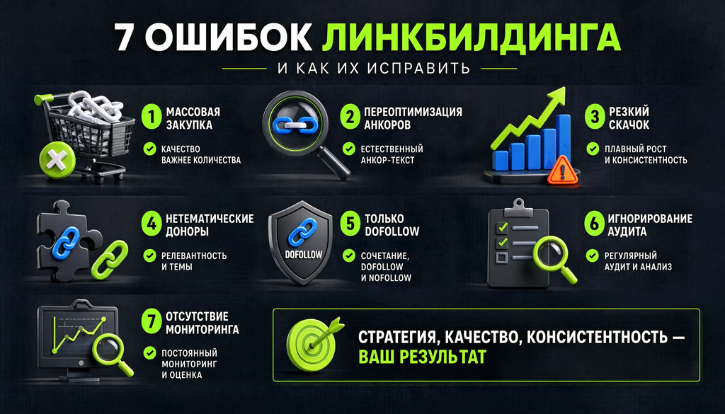 Инфографика: семь типичных ошибок линкбилдинга с краткими способами исправления