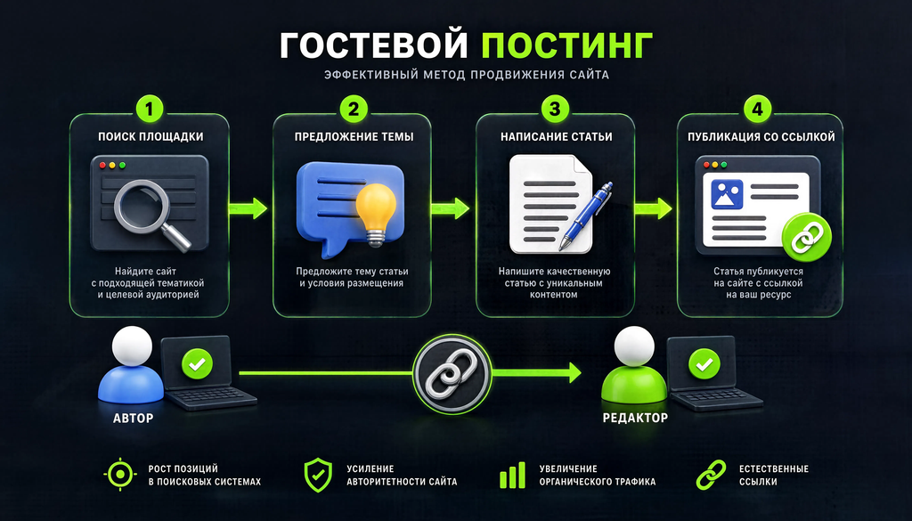 Process of guest posting: find platform, propose topic, write article, publish with link.